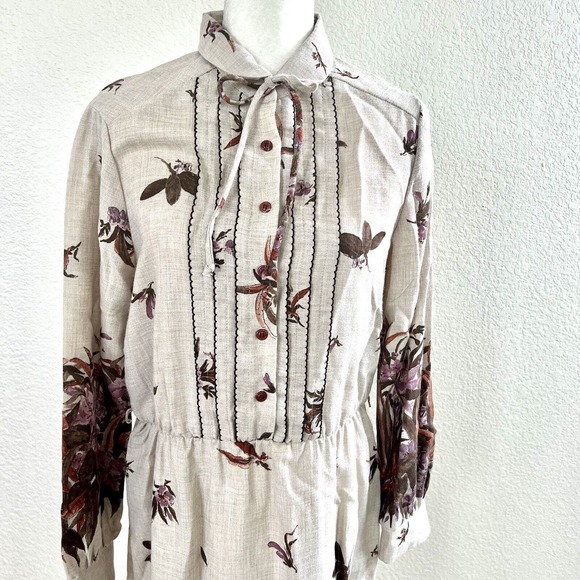 Vtg 70’s Sunshine Alley Brown Beige Floral Bird Print Dress Sz 16 With Tie Neck - Picture 2 of 16